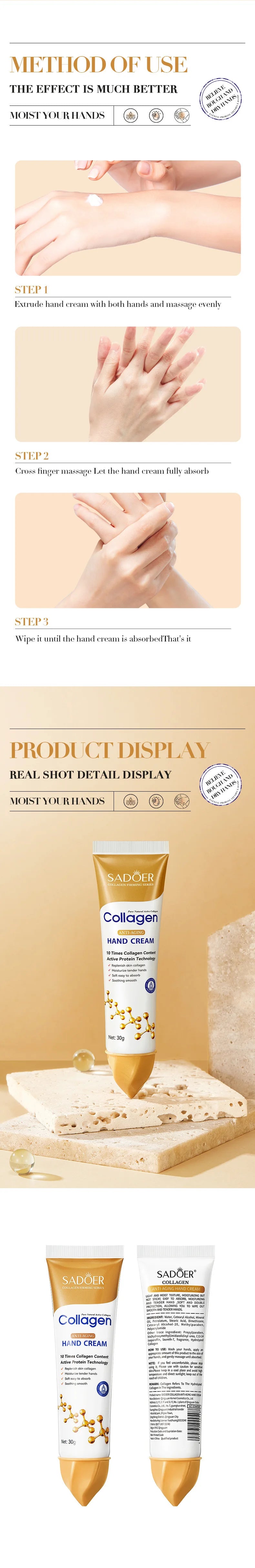 SADOER Collagen Hand Cream Hands Skin Friming skincare Moisturizing Brightening Hydrating Hands Creams Hand Skin Care Products